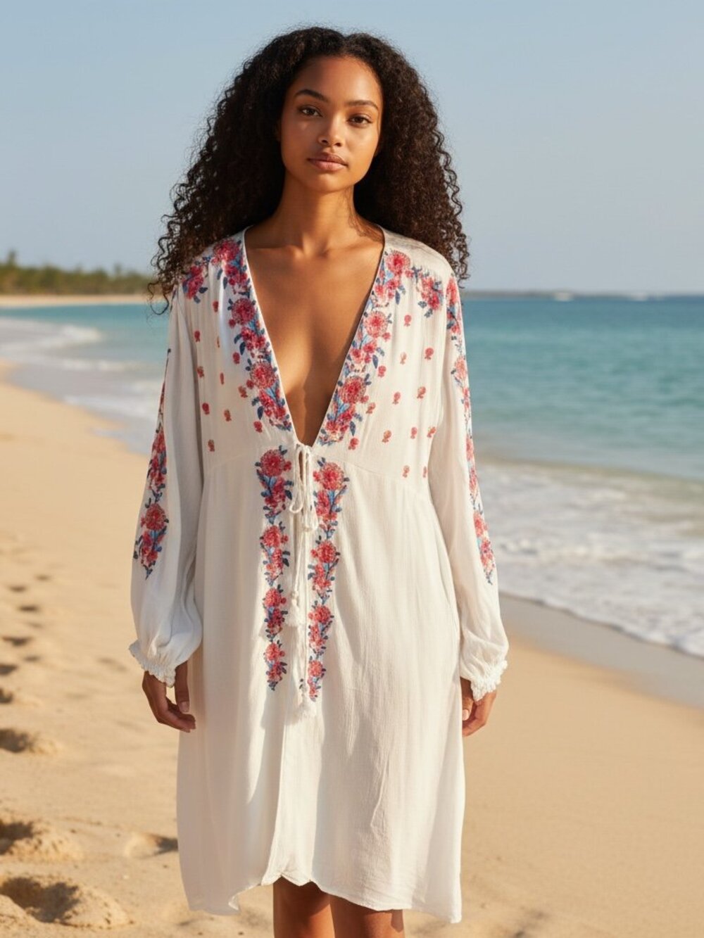 Raga Embroidered Boho Cream Floral Beach open front Cover Up Small
